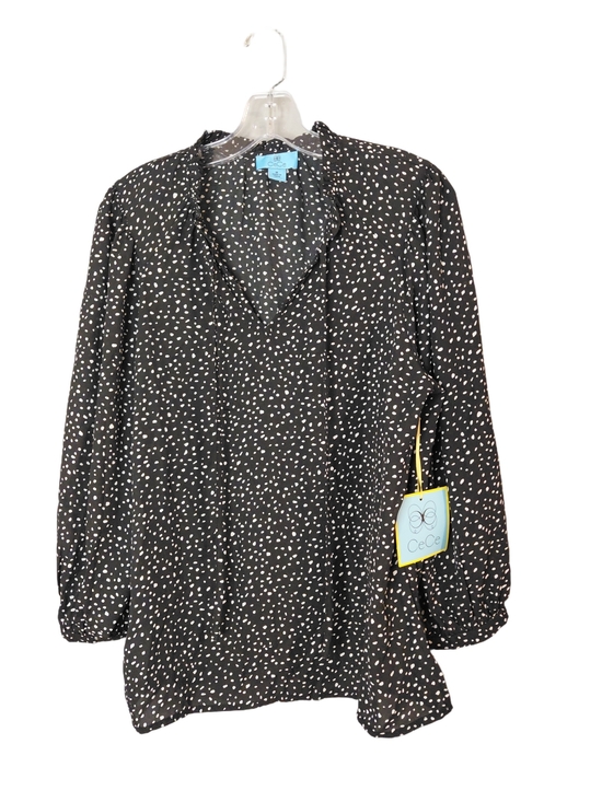 CeCe Tops - CeCe Black White Speckled Print Blouse Medium NWT Tie Neck Sheer Long Sleeve